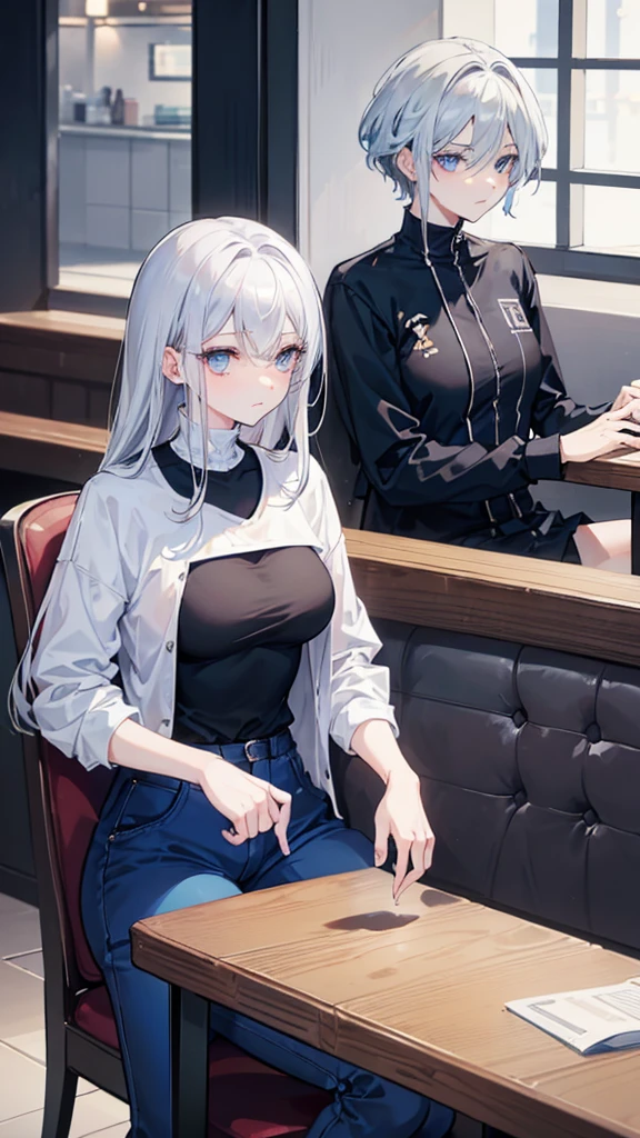 Generate a female character with silver hair who has light blue eyes and who has an elegant but at the same time simple style in her clothes and a boy with black hair who has light brown eyes and who wears sports clothing, black shirts and navy blue pants and who are sitting in a restaurant