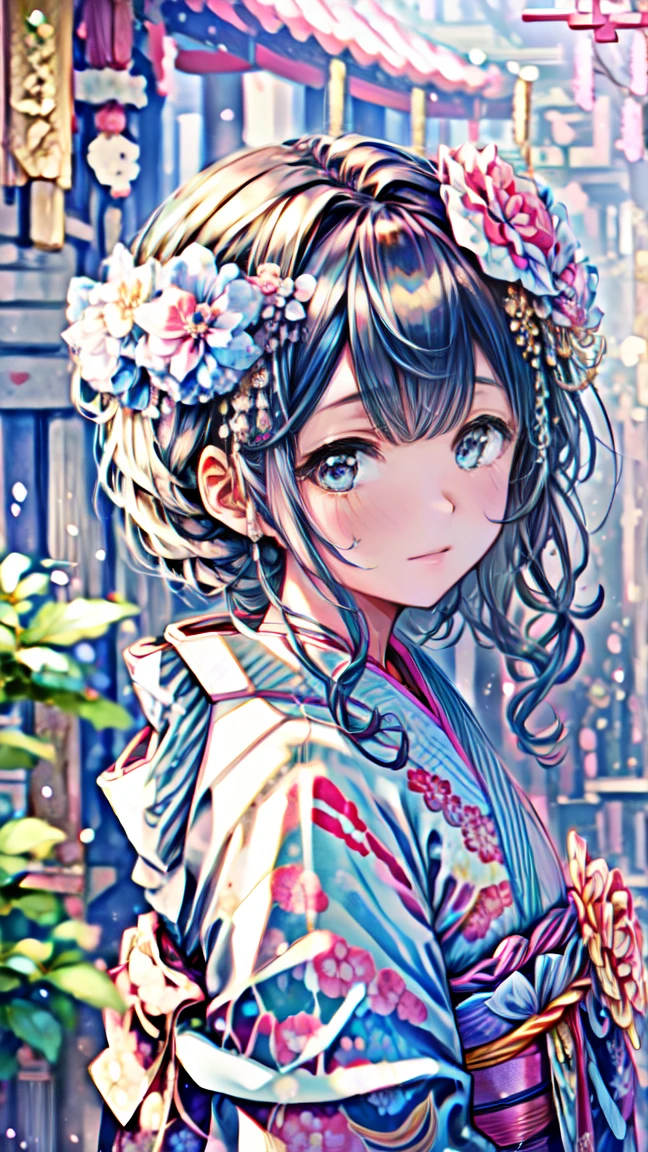 blue kimono kimono new year flower hair accessory smile smile