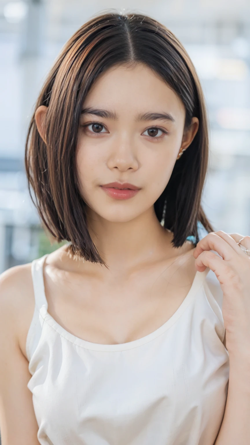 20 year old cute Japan woman, ((Extremely precise and accurate anatomy:1.0)), (Highest quality realistic skin textures:1.6), clean and glowing skin, Thin Skin, mesh, (Enhances the beauty of skin texture:1.2), ((((The texture of each individual hair, long and delicate lashes, Beautifully trimmed eyebrows, Facial pores, Detail of blood vessels in the white of the eye, Thin and visible capillaries in the skin)))), (Realistic as a photo:1.4), (Very realistic:1.4), (Improvement of quality:1.4), Realistic lighting, Backlight, A gentle light that illuminates the face, Ray Tracing, Bright light, (Smoother lighting:1.05), (Improving the quality of cinema lighting:0.9), 32k, fine grain, Detailed face, (Film Grain:1.1), (Natural smile:0), Accentuates body lines, High resolution, Natural look, Kind eyes, Delicate light and shadow, Clear skin, Graceful Pose, Beautiful Eyes, Sharp details, Soft light reflection, Beautiful contours, Delicate skin tone, Natural background, Natural poses in everyday situations, Extremely fine detail, Lora Style