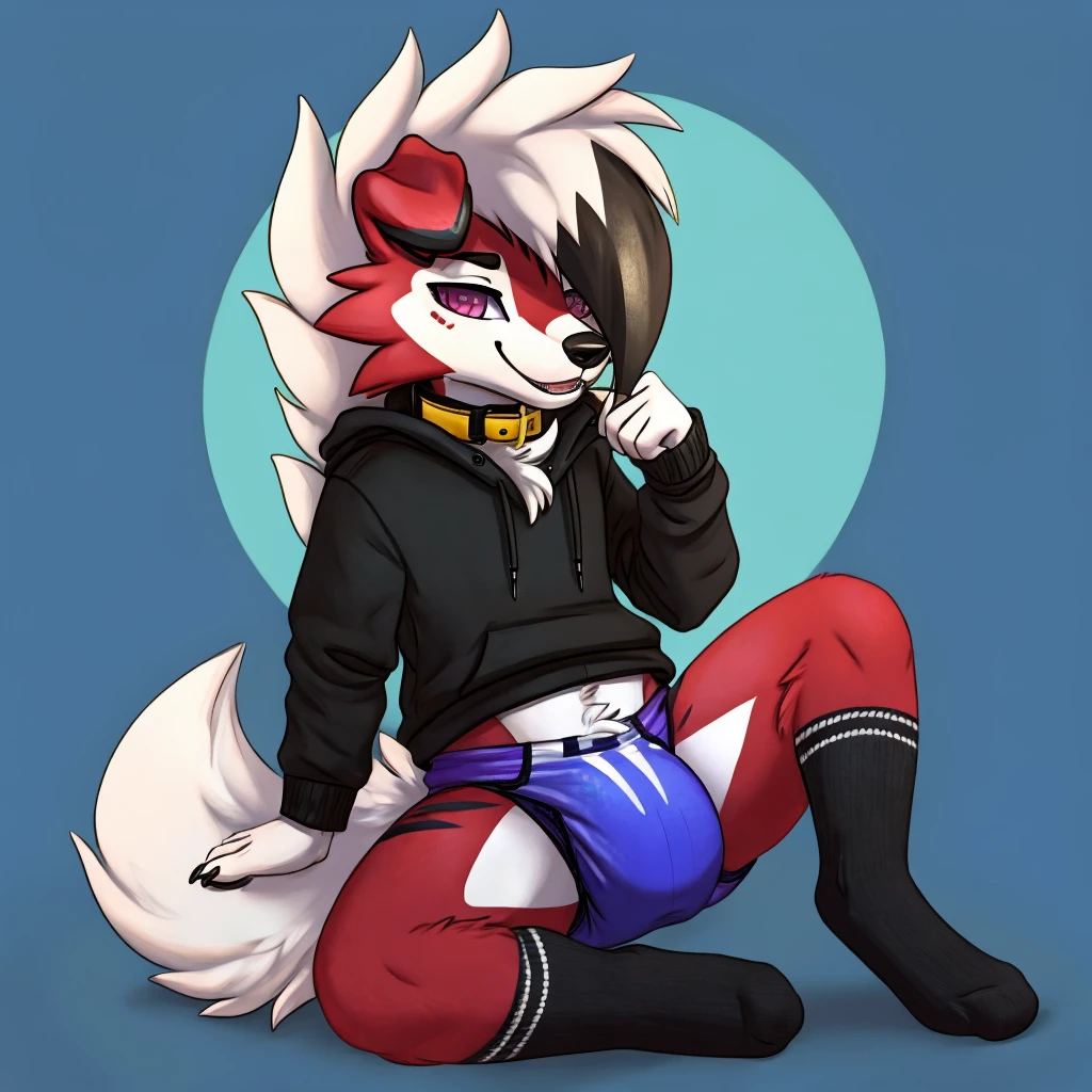 A white lycanroc Midnight femboy wearing a black sweatshirt and a blue diaper and white socks with black stripes and a gold dog collar on the neck and with bracelets on the arms 