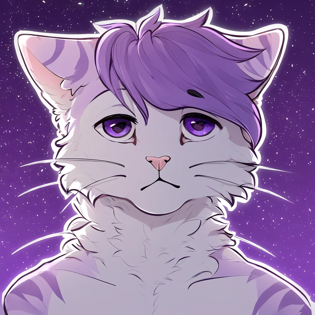 adult, feline, mammal, anthro, anthropomorphic, cat, striped, fur, striped_feline, fur, male, light_purple, purple_hair, fluffy, white, white_chest, shy, small_pupils, digital_art, high_resolution, high_res, hand-drawn, pencil_lines, head_visible, background, neck_visible, seductive_face, detailed_line_work, profile_picture, head_visible, purple_galaxy_background, cute, whiskers, white