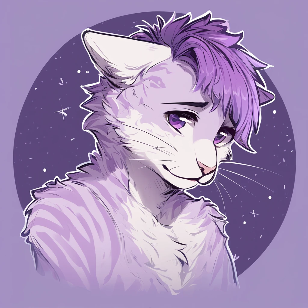 adult, feline, mammal, anthro, anthropomorphic, cat, striped, fur, striped_feline, fur, male, light_purple, purple_hair, fluffy, white, white_chest, shy, small_pupils, digital_art, high_resolution, high_res, hand-drawn, pencil_lines, head_visible, background, neck_visible, seductive_face, detailed_line_work, profile_picture, head_visible, purple_galaxy_background, cute, whiskers, white