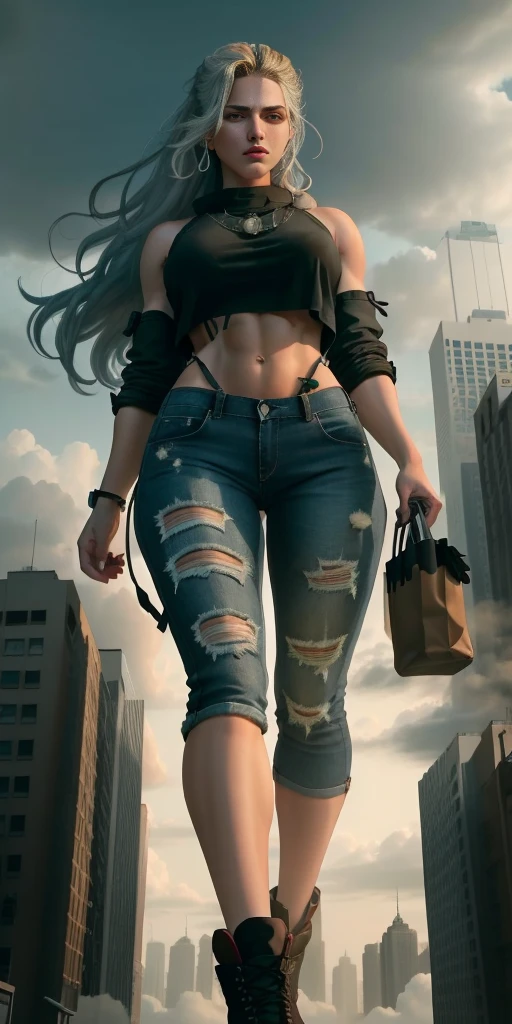 "A tall female giant with a cool and relaxed hippie style was wearing a ripped crop top and ripped baggy pants. Her toned and athletic body hinted at her immense strength. She was seen casually strolling in the middle of the bustling GTS City, as the buildings towering buildings loom above. Smoke and clouds roar all around, adding to the sense of epic scale and drama. The lighting is dark, gloomy, and realistic, creating a tense and ominous atmosphere for the Giantess."