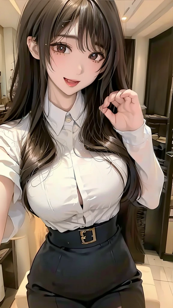 adult woman, Brown eyes, hairs_black, large body, stylish office outfit {{{Detailed wallpaper}}} {{{best quality 8k}}} {{{detailedeyes}}}