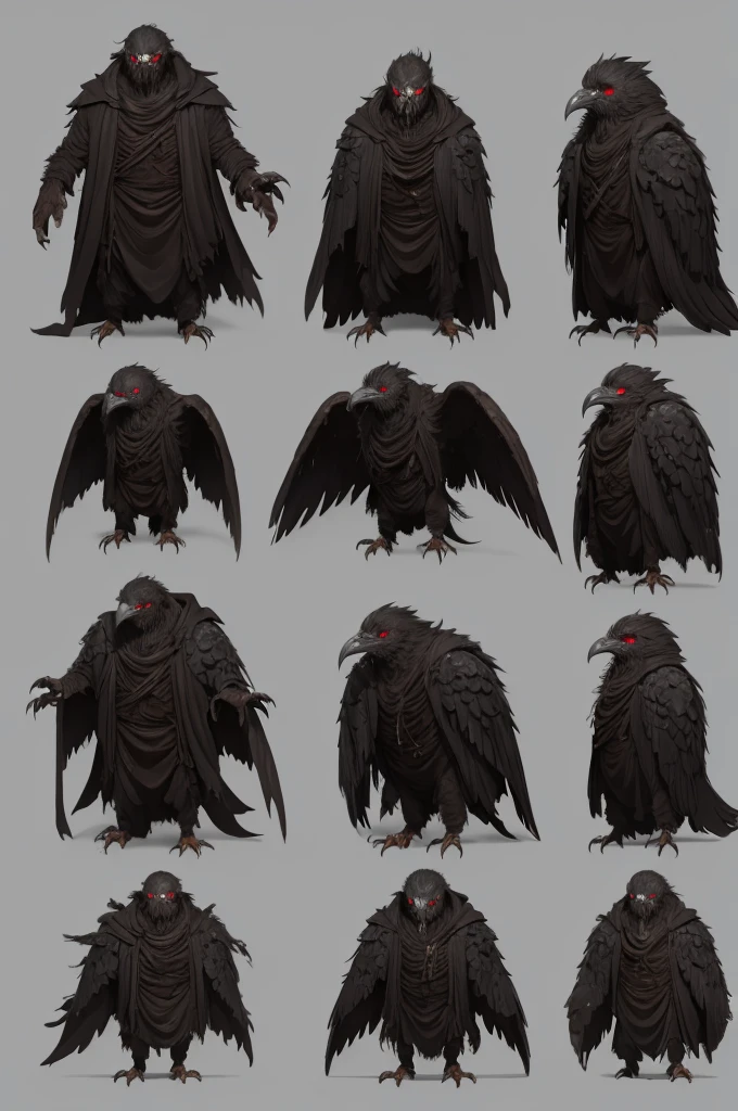 An undead random bird with a worn, disgusting appearance, in a dark, realistic sci-fi style, turnaround