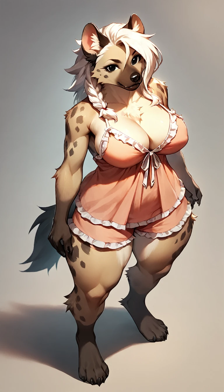 score_9, score_8_up, score_7_up, score_6_up, score_5_up, score_4_up, (solo), female anthro hyena, babydoll_pajamas shorts, lusty, fluffy body, long blond hair, black eyes, (thick thighs:1.5)((( offering the breasts))) ( she is standing) (high_angle_view) (barely_visible_booba) , giant breasts,