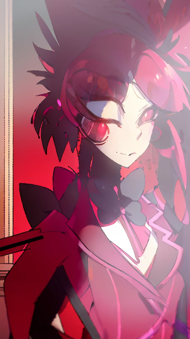 pretty girl, cute face, sparkling eyes, sweet expression, soft smile, looking at viewer, redSuit, White skin, rosy cheek, red ankle-length hair ,eyes with light red sclera, red pupils, red tuxedo-jacket with darker-colored lapels, high-collared white untucked dress-shirt with small black buttons on the upper-front, small black bowtie and black suspenders over her shoulders, dark red dress pants, medium-heeled white saddle shoes, (masterpiece:1.2), (cowboy-shot:1.2), dark romantic lighting, (highly detailed:1.2), (detailed face:1.2), (full-body shot:1.2), (gradients), colorful, detailed eyes, (natural lighting:1.2), (solo:1.2),
