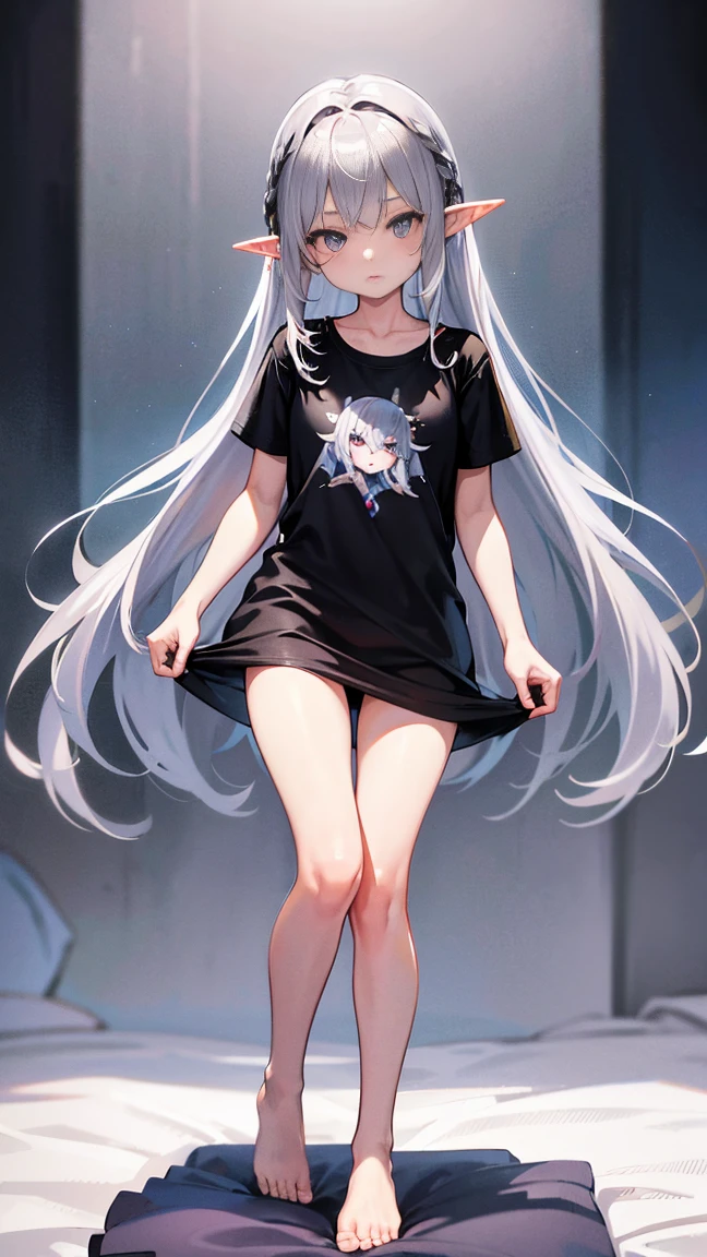 Elf Girl、8-year-old、Medium-long silver hair、Silver Eyes、Big black t-shirt、No bottoms worn、barefoot、Seductive expression、whole body、Standing posture