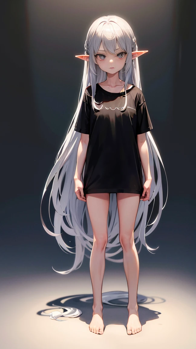 Elf Girl、8-year-old、Medium-long silver hair、Silver Eyes、Big black t-shirt、No bottoms worn、barefoot、Seductive expression、whole body、Standing posture
