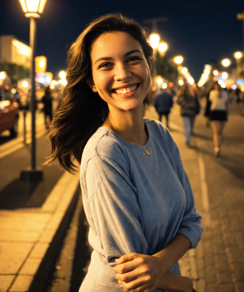 closeup of a smiling woman, city street, nighttime, streetlight, asphalt