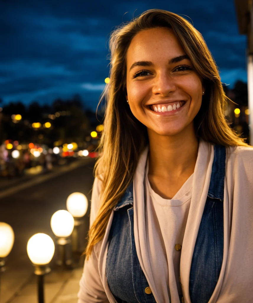 closeup of a smiling woman, city street, nighttime, streetlight, asphalt