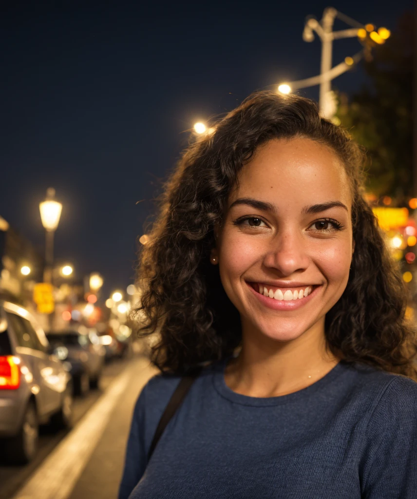 closeup of a smiling woman, city street, nighttime, streetlight, asphalt