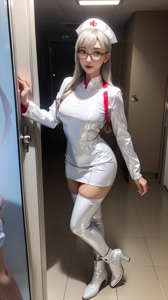 (glossy white latex nurse costume, glossy costume with reflective surface), full body shot, thigh high boot, makeup, long eyelashes, red lipstick, eye glasses, in a hospital room, good lighting