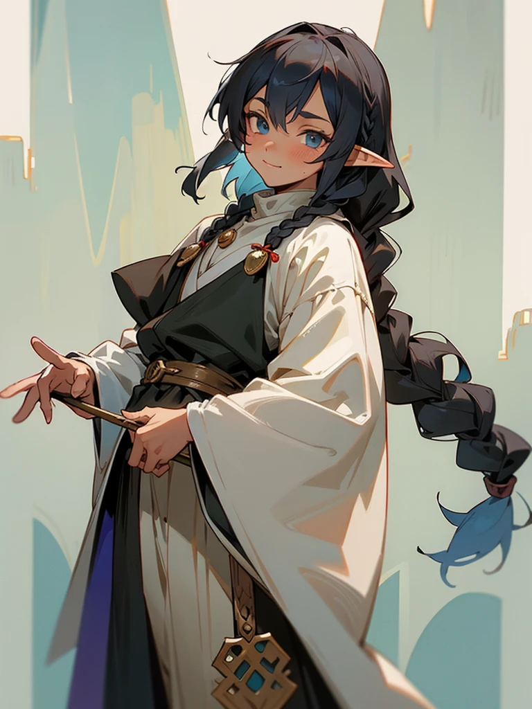 elf, young cute boy, long hair, braids, young, cute, ,medieval clothes, black and white clothes, jester, tanned skjin