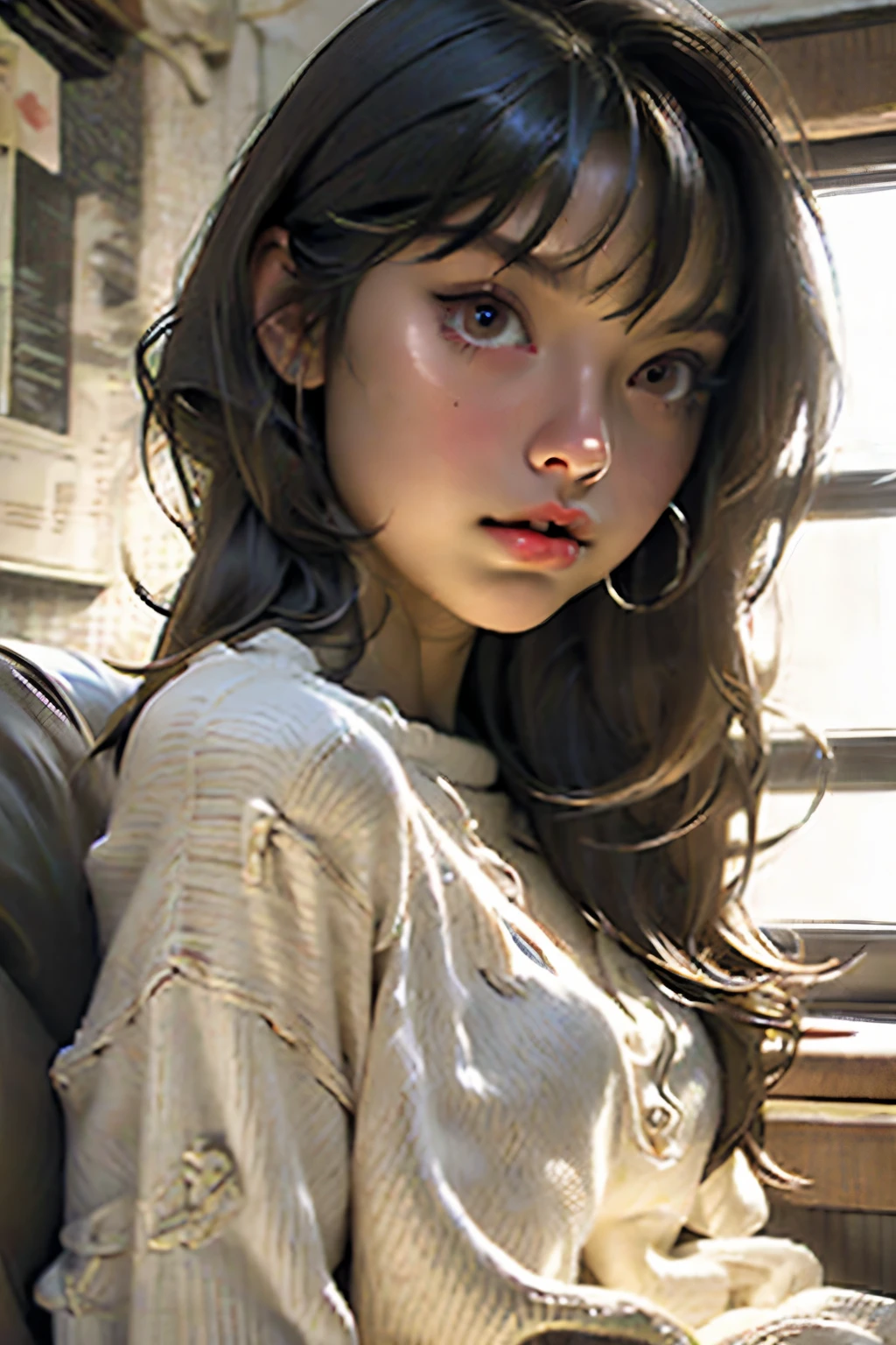 young girl with dark brown skin, dark brown eyes, short length straight hair with side bangs in casual clothes