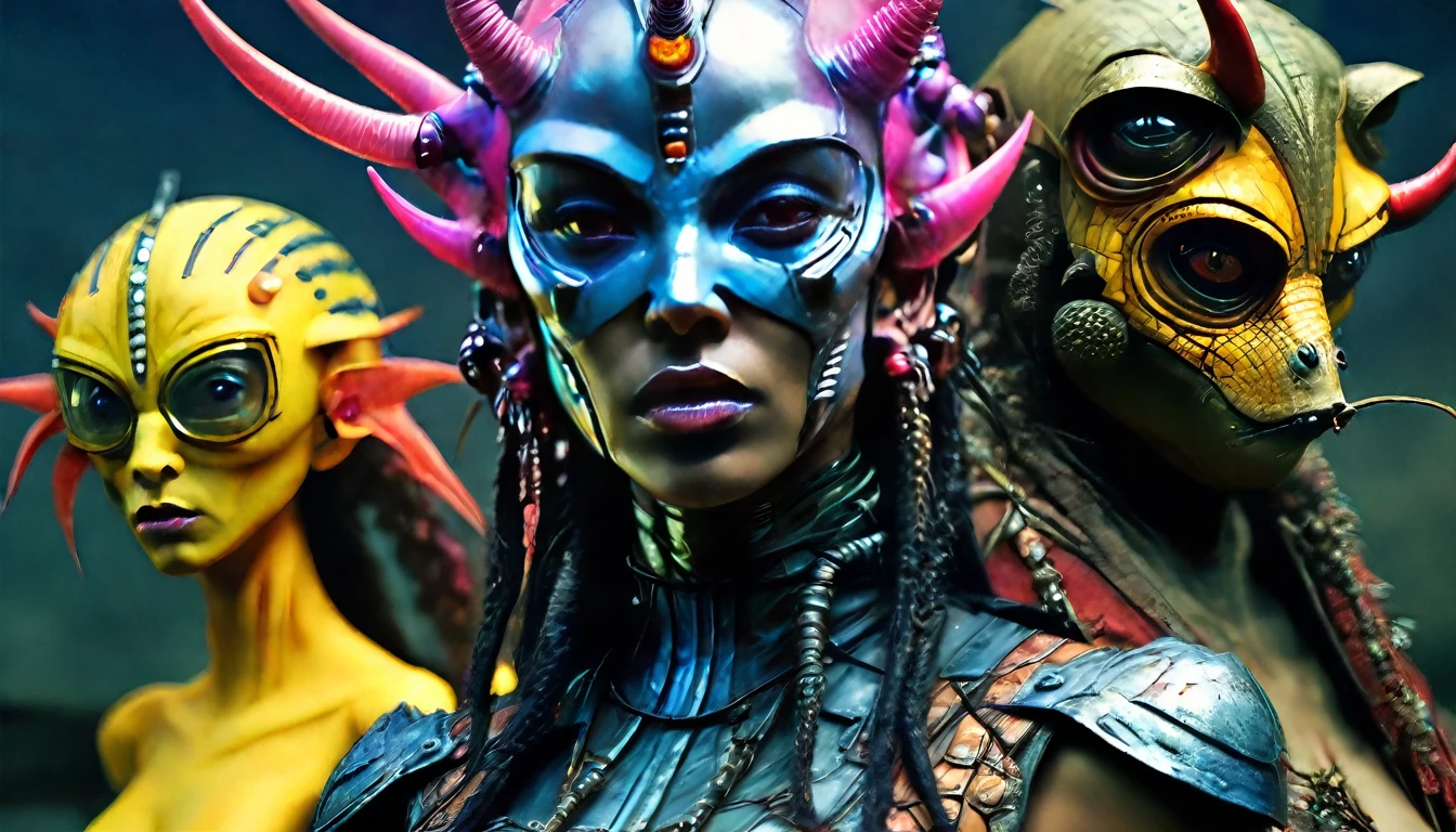 in (medium full shot:4.1) of 5characters from (slave girls from beyond infinity), inspired by Jim Burns and Heavy Metal Magazine, Cyberpunk apocalypse in chaotic world, stalenhag, metal album cover, gwar, lizard, monsters and robots, wayne barlowe pierre pellegrini, retro sci fi, movie poster promo, very detailed face, moody, epic, shot on Kodak Vision3, (intricate details), (hyperdetailed:2.5), 8k hdr, high detailed, lot of detailed, high quality, soft (cinematic:3.1) light, dramatic atmosphere, atmospheric pespective