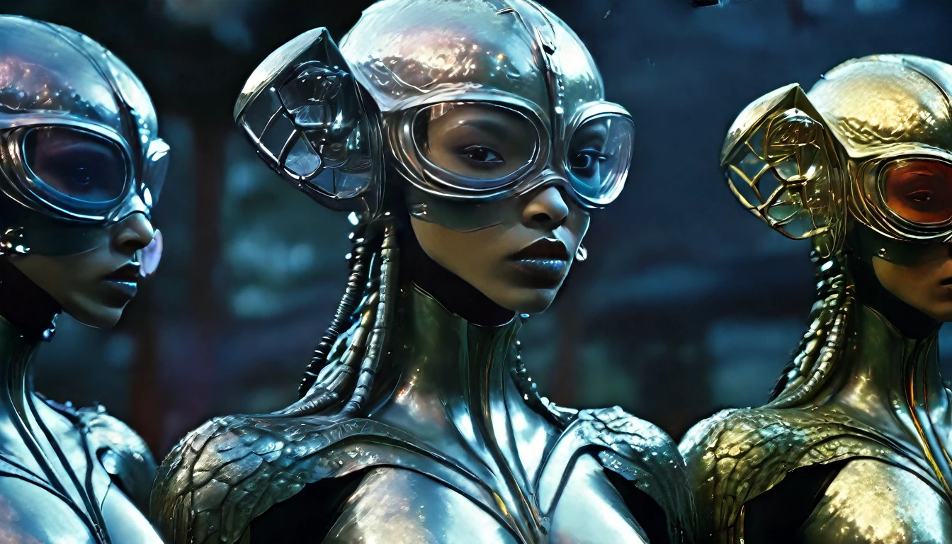 in (medium full shot:4.1) of 5characters from (slave girls from beyond infinity), inspired by Jim Burns and Heavy Metal Magazine, Cyberpunk apocalypse in chaotic world, stalenhag, metal album cover, gwar, lizard, monsters and robots, wayne barlowe pierre pellegrini, retro sci fi, movie poster promo, very detailed face, moody, epic, shot on Kodak Vision3, (intricate details), (hyperdetailed:2.5), 8k hdr, high detailed, lot of detailed, high quality, soft (cinematic:3.1) light, dramatic atmosphere, atmospheric pespective