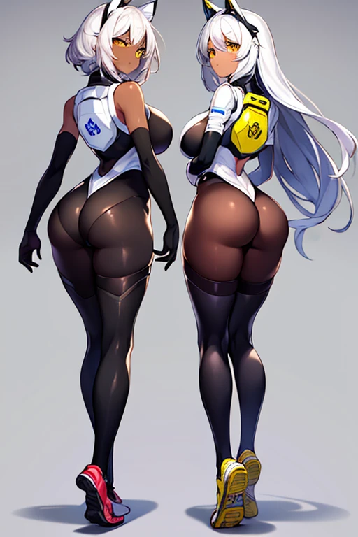 2girls, dark-skinned females, dark-skinned female, dark skin, white hair, long hair, very short hair, large , breastships, yellow eyes, smile, bodysuit, black bodysuit, white trim, sleeveless, black pantyhose, pane, futuristech, science-fiction, full body, ((full body)), from behind, ass, sneakers