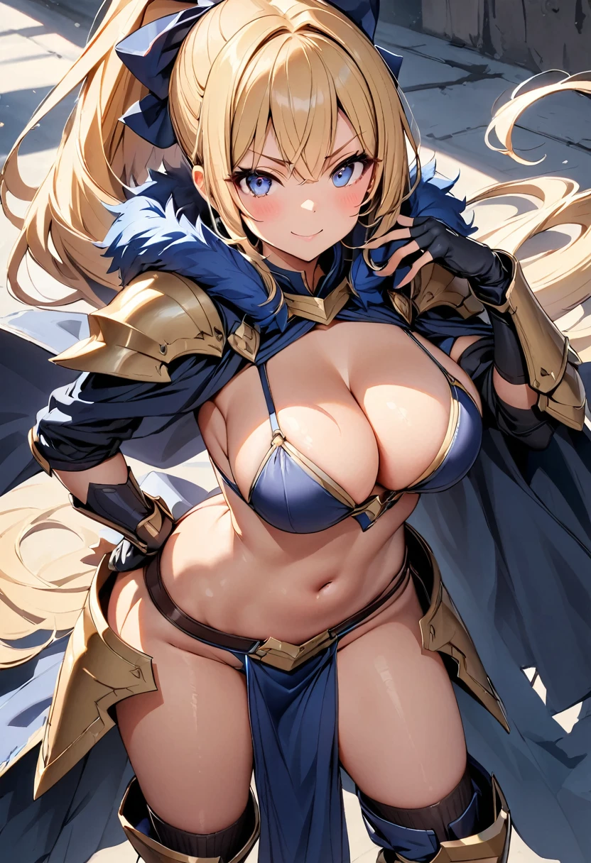 masterpiece, best quality, 1girl, , solo, blonde-hair, blue-eyes, pelvic-curtain, navel, armor, large-, ponytail, cape, cleavage, gloves, weapon, looking-at-viewer, smile, boots, fingerless-gloves, full-body, very-long-hair, standing, revealing-clothes, -armor, black-gloves, fur-trim, simple-background, thighhighs, stomach, hand-on-hip, gauntlets, shoulder-armor, hair-bow, closed-mouth, bow, high-heels, midriff, armored-boots, hand-up, thigh-boots, thighs, ribbon, hair-between-eyes, v-shaped-eyebrows, blush, hair-ribbon, 
