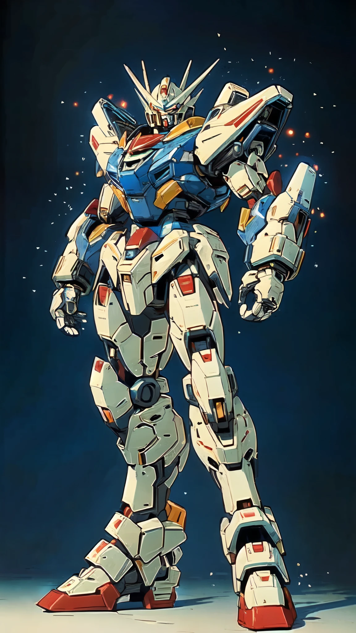 (masterpiece:1.5, best quality:1.5, extremely delicate:1.5, foreshortening:1.5, dynamic angle:1.5), humanoid Mecha, fully enclosed shoulder guards, matching arm and leg guards, full body, full armor, the design balances heavy with agility, (the color scheme is primarily white with red and blue accents, the concept Inspired by Super robot, organic biotech armor, standing, floating high above the futuristic sci-fi city), exquisite and mature art style, (aura effect, energy, glowing eyes, the armor glows), ((SRS)), metallic, dramatic, high definition, highres, ultra-detailed, ultra-fine painting, professional, perfect body proportions, anatomically correct, symmetrical face, extremely detailed eyes and face, high quality eyes, creativity, RAW photo, UHD, 32k, Natural light, cinematic lighting, masterpiece-anatomy-perfect