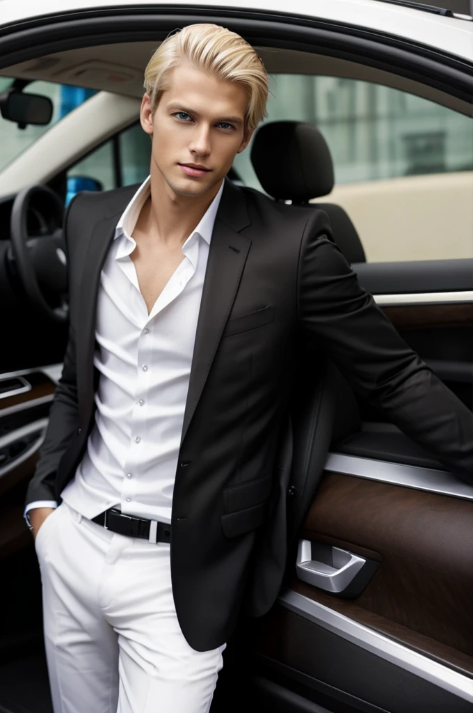 Tall slim blond man white brown eyes wearing black suit a car