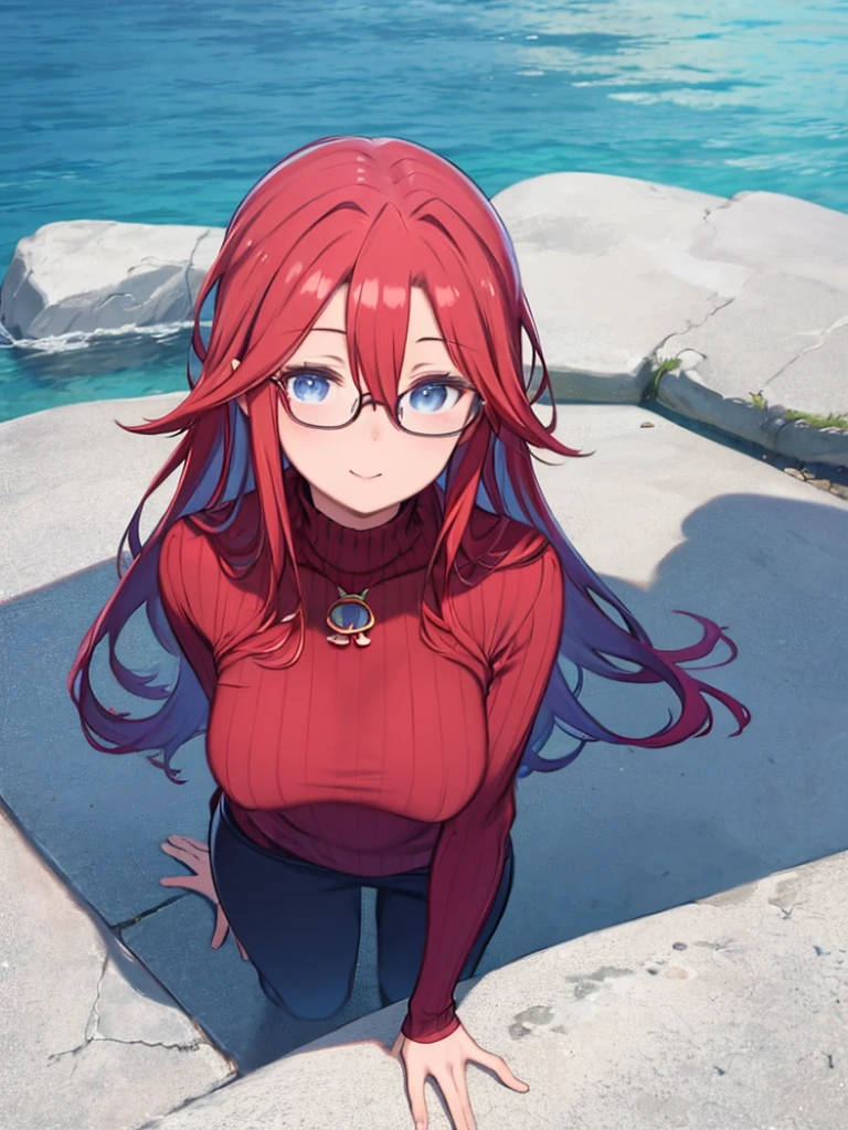 One Girl、Red Hair、long hair、Hair between the eyes、Blue Eyes、Big Breasts、Red turtleneck sweater、(((Angle from above)))、Wearing glasses、Glasses that have fallen down、Watching the audience、Looking up、Upper Body、A gentle smile、
