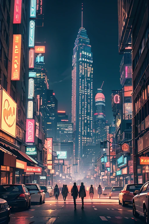 the scene in a decopunk city with ornate skyscrapers, neon lights and flying vehicles, creating a contrast between the opulence of the environment and the melancholy