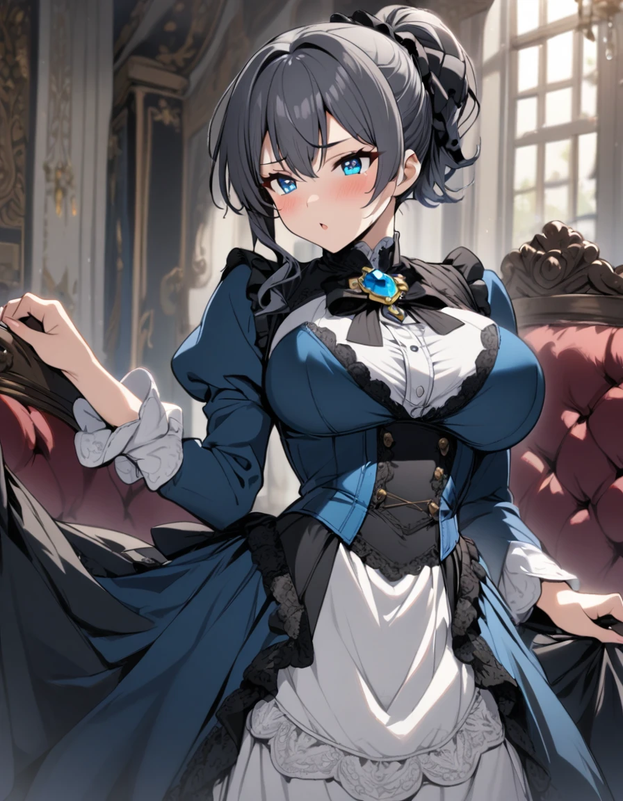 1girl,(gray black hair),spread short ponytail,blue eyes,large breasts,blue topaz brooch,victorian dress