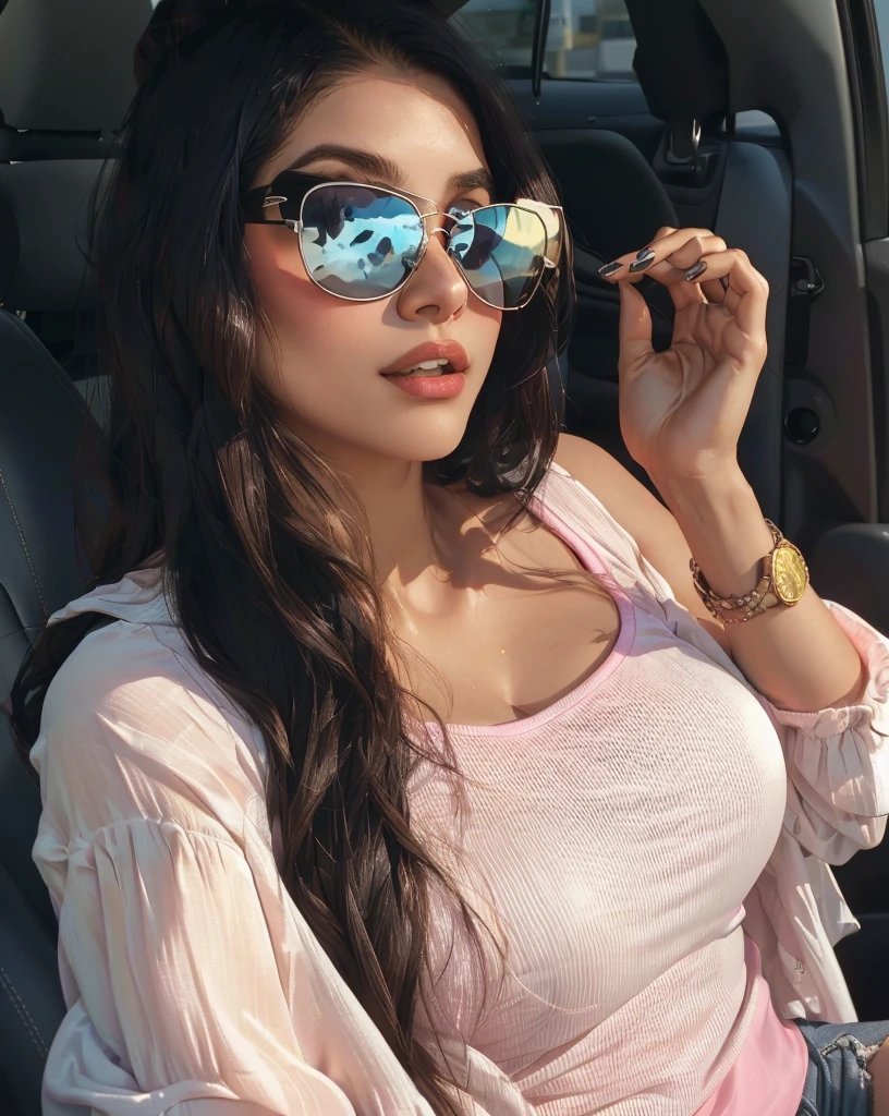 araffe woman with sunglasses and a pink shirt sitting in a car, mia khalifa, violet myers, with sunglasses, wearing versace sunglasses, lorena avarez, 30-year-old woman from cuba, with sunglass, gorgeous latina face, sitting in her car, beautiful mexican woman, tanned ameera al taweel, in sun glasses