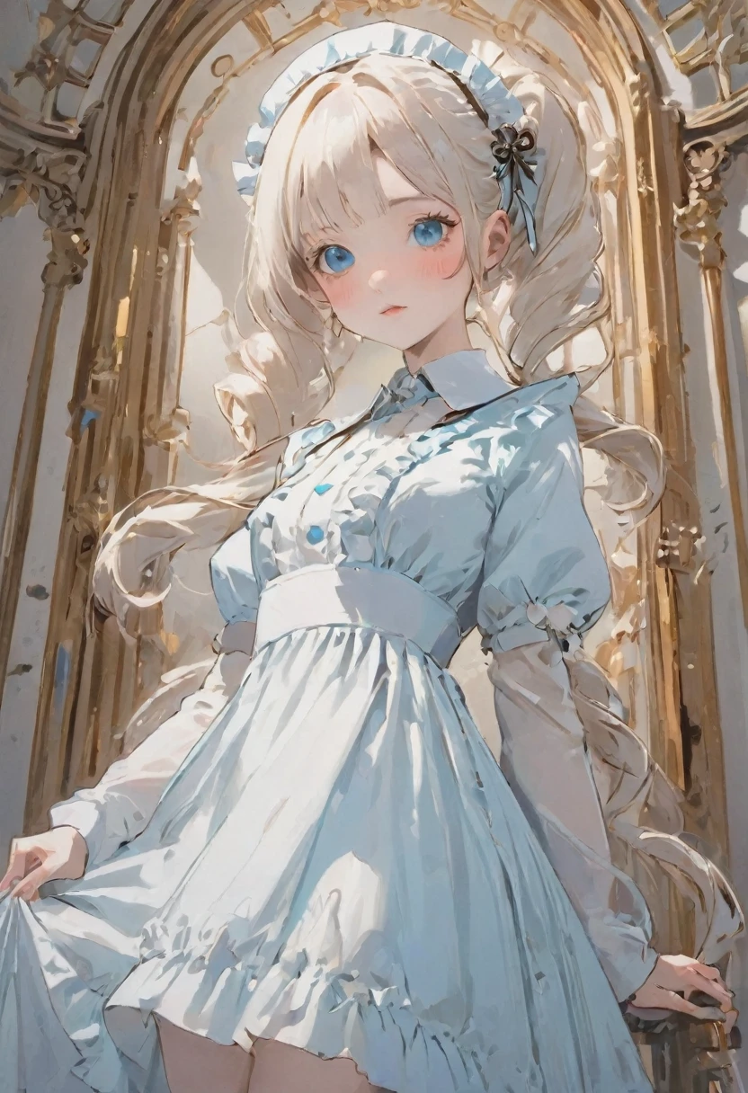 cute nurse character, Charming girl, long twin tails hairstyle, white gothloli outfit, Victorian and Rococo elements, medical syringes, IV drip bags, detailed accessories, soft pastel tones, whimsical medical setting, intricate dress design, delicate features, elegant and fantasy theme, highly detailed full body illustration. art by Ilya Kuvshinov and Sakizou and HACCAN.