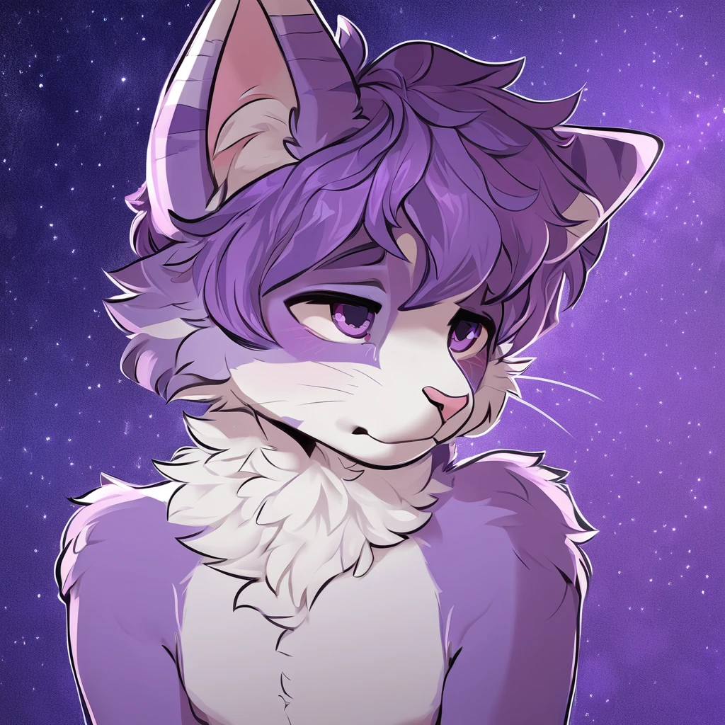 adult, feline, mammal, anthro, anthropomorphic, cat, striped, fur, striped_feline, fur, male, light_purple, purple_hair, fluffy, white, white_chest, shy, small_pupils, digital_art, high_resolution, high_res, hand-drawn, pencil_lines, head_visible, background, neck_visible, seductive_face, detailed_line_work, profile_picture, head_visible, purple_galaxy_background, cute, white
