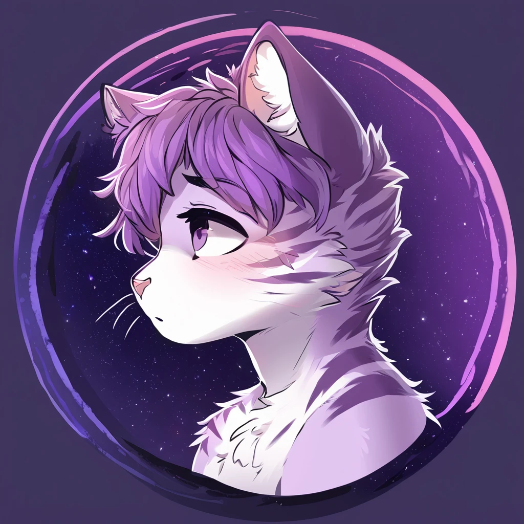 adult, feline, mammal, anthro, anthropomorphic, cat, striped, fur, striped_feline, fur, male, light_purple, purple_hair, fluffy, white, white_chest, shy, small_pupils, digital_art, high_resolution, high_res, hand-drawn, pencil_lines, head_visible, background, neck_visible, seductive_face, detailed_line_work, profile_picture, head_visible, purple_galaxy_background, cute, white