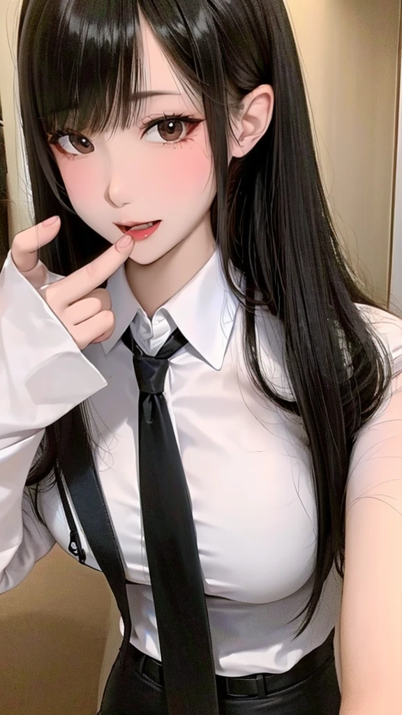 adult woman, Brown eyes, hairs_black, large body, stylish office outfit {{{Detailed wallpaper}}} {{{best quality 8k}}} {{{detailedeyes}}}