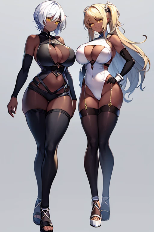 2 girls, mujer de Dark skins, mujer de Dark skin, Dark skin, by white, wide, very short hair, large old, old, Wide hips, yellow eyes, SMILE, mono, black mono, white trim, sleeveless, black shackles, shackles, futuristic, technology, Science fiction, whole body, ((whole body)), disde atrás, is