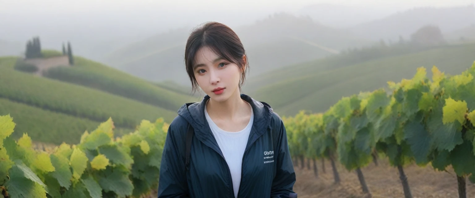 Beautiful 36-year-old Korean woman, Chest size 34 inches, The cathedral can be seen through the early morning fog past the vineyards in the Croatian countryside., The back background is realistic and vivid image quality, short and medium hair,her clothes are nice, Casual and British - (black windbreaker) Perfect and realistic photos, The background is realistic. Full body shot with Canon camera 16-35 wide angle lens, expressionless, Front photo looking at the camera from a vineyard hill covered in thick fog, 1 woman, Pictures of the whole body