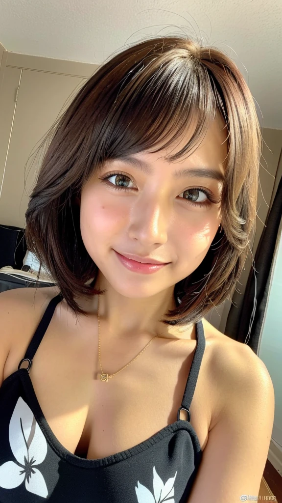 (((Shoulder length brown straight short bob)))、(((She has a Hawaiian beach in the background、Posing like a model at a hair salon.)))、(((Wearing a black micro bikini)))、Face close-up、Half Japanese and Korean、22 year old girl、Independent、Look forward、Light eye makeup、Brown Hair Color、Flat 、Hair blowing in the wind、quality of actress、Shiny, Ultra-realistic faces、Smile expression、Moist eyes、look up、calming lighting effect、 Ultra-Realistic Capture、very detailed、High resolution 16K close-up of human skin。Skin texture should be natural、Must be detailed enough to see pores、skin is healthy、Must be even tone、Use natural light and colour、High-quality photos taken by a model agency's exclusive photographer、smile