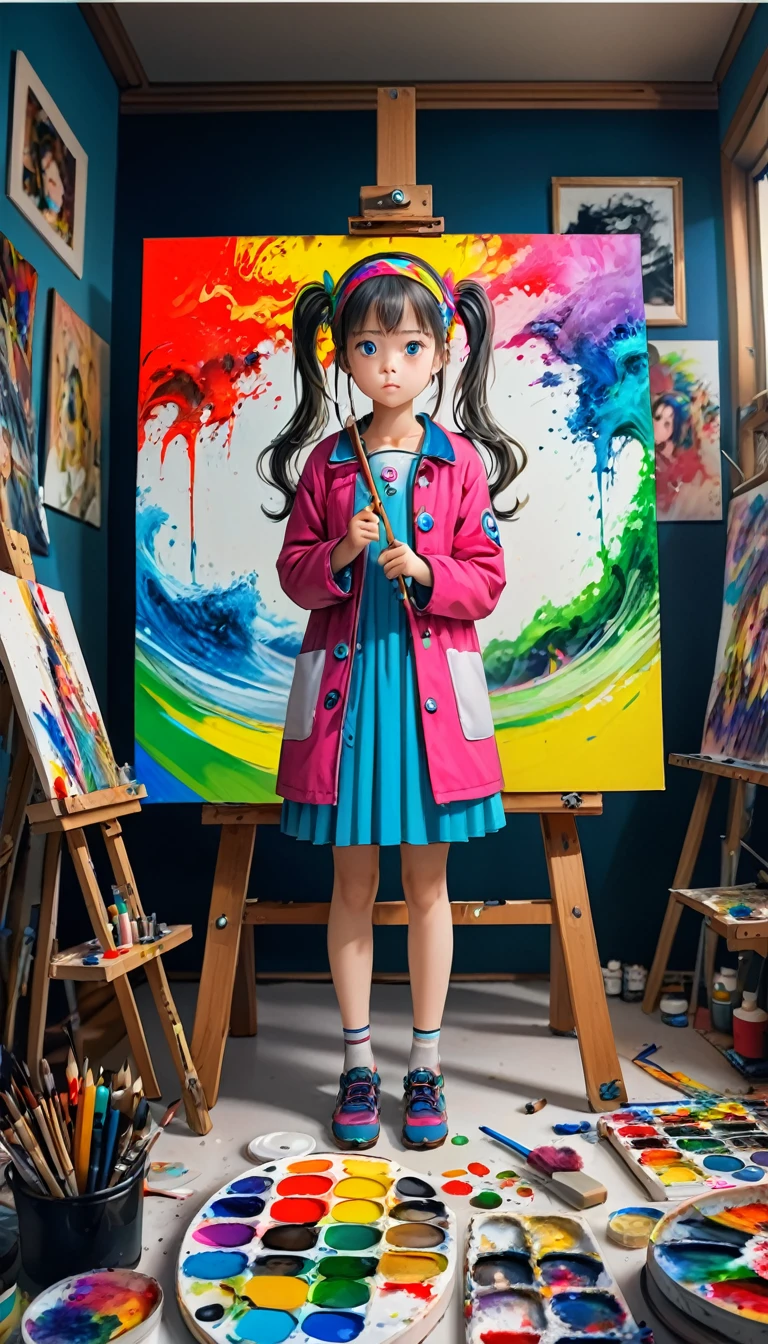 (girl, Twin tails), A girl stood in front of the canvas, Her ponytail is accessorized with a colorful headband., And then I got into painting. The background was a studio filled with art supplies and artwork., whole body, (photograph, RAWphotograph), panoramic, Award-winning, Movie stills, Emotional, Vignette, dynamic, Vivid, (masterpiece, Highest quality, Professional, Perfect composition, so beautiful, Absurd, Super detailed, Intricate details:1.3)