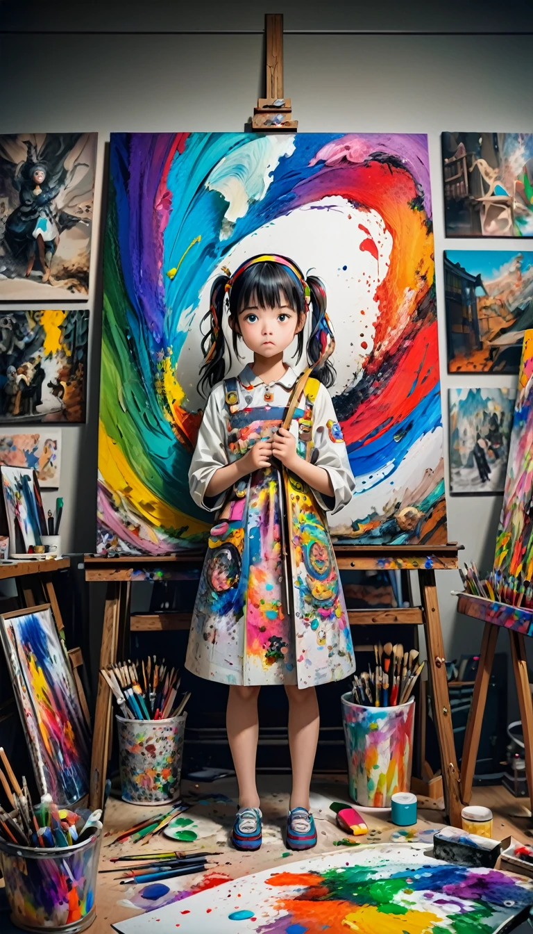 (girl, Twin tails), A girl stood in front of the canvas, Her ponytail is accessorized with a colorful headband., And then I got into painting. The background was a studio filled with art supplies and artwork., whole body, (photograph, RAWphotograph), panoramic, Award-winning, Movie stills, Emotional, Vignette, dynamic, Vivid, (masterpiece, Highest quality, Professional, Perfect composition, so beautiful, Absurd, Super detailed, Intricate details:1.3)