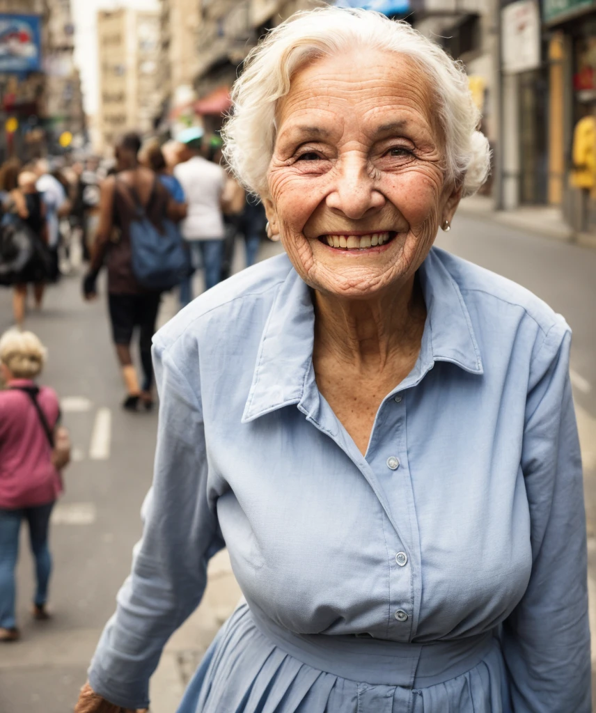 closeup of smiling old woman, city street, daytime, street traffic, asphalt