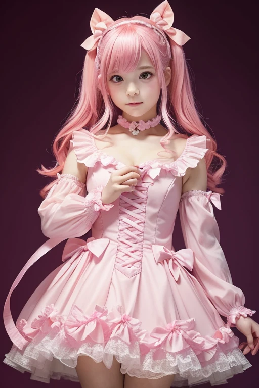 Girl with pink hair,ゴージャスなMagical girlの衣装, Pink dress with ribbons and frills, I have a magic wand in my hand, The tip of the wand glows pink.., Magical girl, 12-year-old girl, Gentle expression, Adult