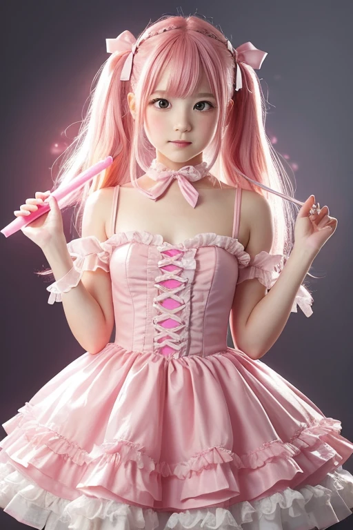 Girl with pink hair,ゴージャスなMagical girlの衣装, Pink dress with ribbons and frills, I have a magic wand in my hand, The tip of the wand glows pink.., Magical girl, -yeld gi Gentle expression, Adult