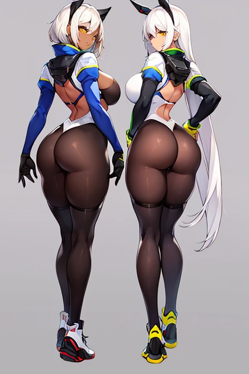 2girls, dark-skinned females, dark-skinned female, dark skin, white hair, long hair, very short hair, large breasts, breasts, wide hips, yellow eyes, smile, bodysuit, black bodysuit, white trim, sleeveless, black pantyhose, pantyhose, futuristic, tech, science-fiction, full body, ((full body)), from behind, ass, sneakers