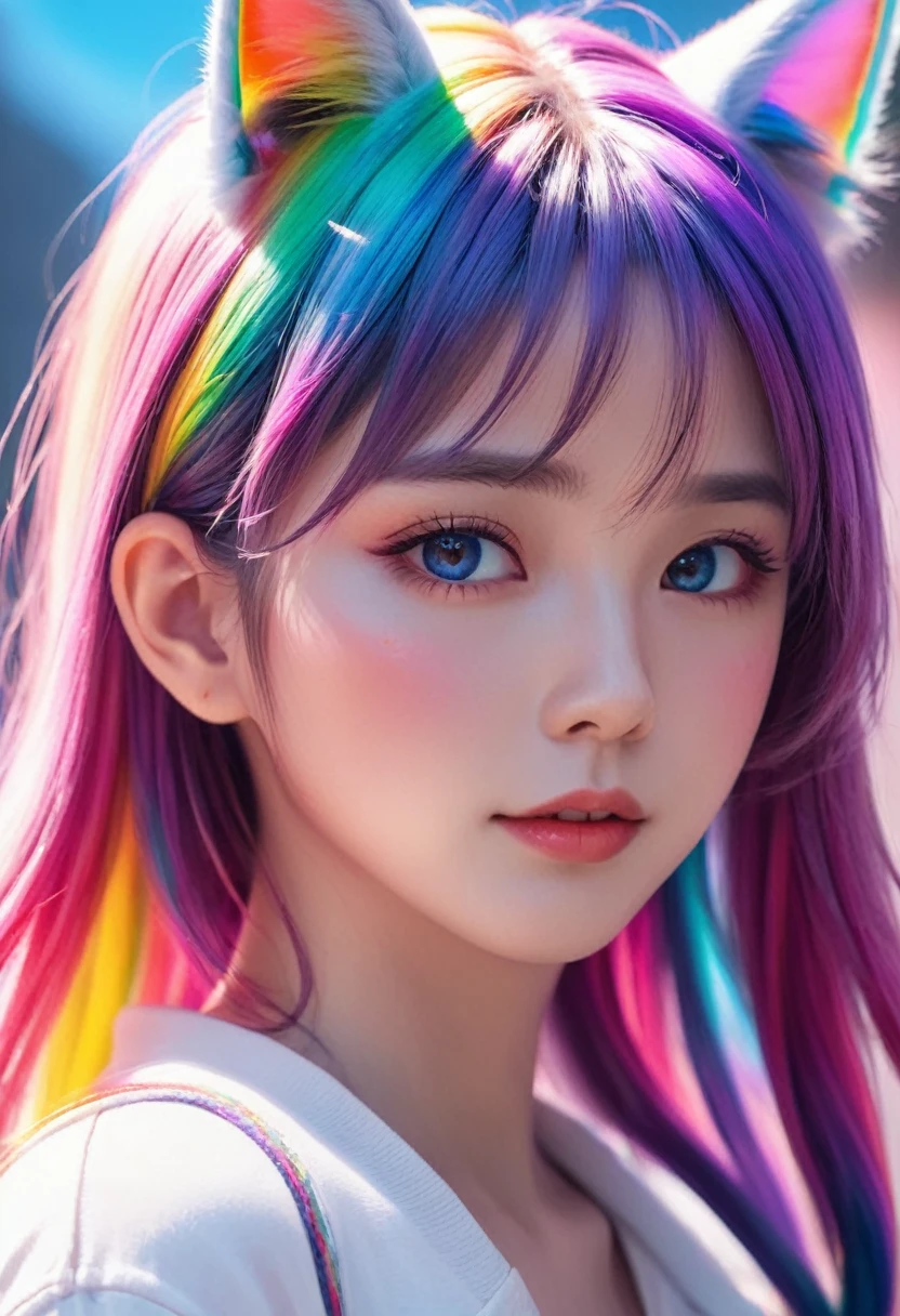a closeup of a girl with long hair with a cat ear and rainbow hair, an anime drawing inspired by Yanjun Cheng, Trends in CG society, fantasy art, vibrant fantasy style, anime girl with cosmic hair, beautiful anime style, Kawaii realistic portrait, beautiful colorful adorable, anime inspired, awesome anime face portrait, beautiful animated portrait, colorful aesthetic, fantasy art style