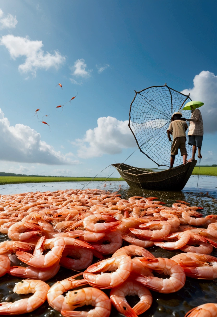 Create an illustration that meets the following criteria: - Shrimp are falling from the sky -On the ground, people are walking around with nets to protect against shrimp instead of umbrellas.