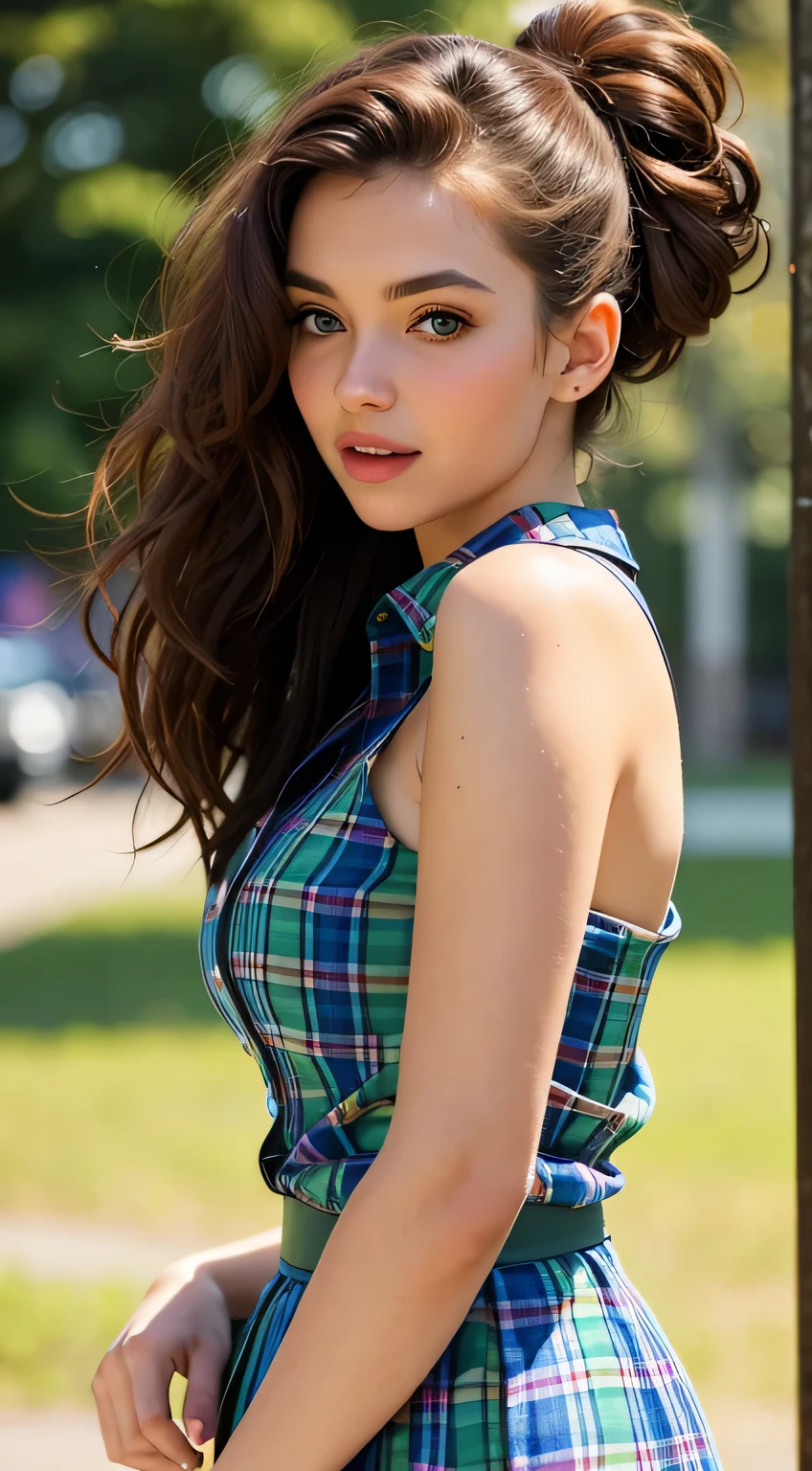 A half Body Photo of a beautiful brunette Scottish girl, green eyes, messy beehive hair style, natural skin complexion, slim with curves, tartan shirt, outdoor background, soft lighting, captured by {randomly selected} photographer. This image looks glamorous and elegant in style and outdoor background that was recognized as a contest winner. It has been featured on CG Society. Cinematic