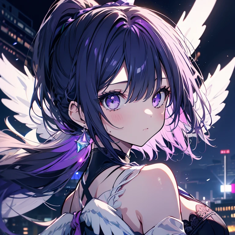 1 girl、、Ample breastHair、Purple Hair、ponytail、ハイponytail、Black Dress、Big Wings、White Wings、背中にBig Wings、Shoulder Bare、look back、Looking up at the sky、Blue rose、Bust-up perspective、Night view、Like a jewel、Cinema Lighting、High resolution、Highest quality