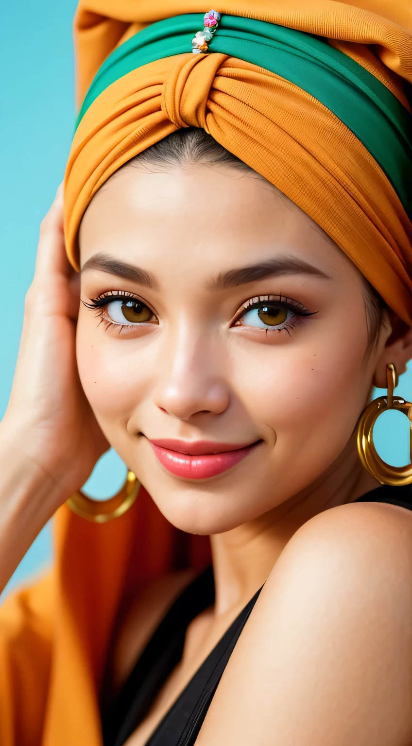 Woman, sparkling eyes, lively expression, colorful headwrap, dynamic patterns, stylish earrings, warm smile, makeup highlighting features, cultural pride, feminine vibrancy, detailed fashion, engaging presence, portrait artistry, bold and beautiful focus. Healthy curvy latina female model