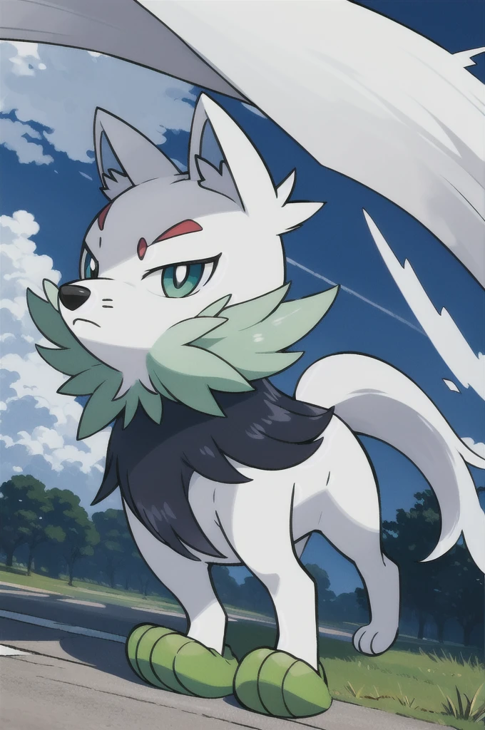 Pokémon-style anime illustration of a wolf-like creature. Chibi or super-deformed art style. Wind element theme. Body is primarily pale green. White eyebrows as an accent feature. Wind symbol patterns on its paws. Cute and cartoony appearance with large eyes. Fluffy fur with wispy, wind-blown details
