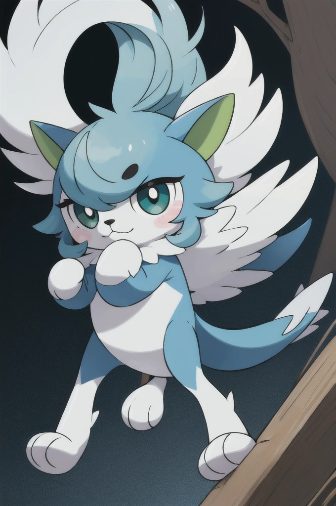 Pokémon-style anime illustration of a wolf-like creature. Chibi or super-deformed art style. Wind element theme. Body is primarily pale green. White eyebrows as an accent feature. Wind symbol patterns on its paws. Cute and cartoony appearance with large eyes. Fluffy fur with wispy, wind-blown details