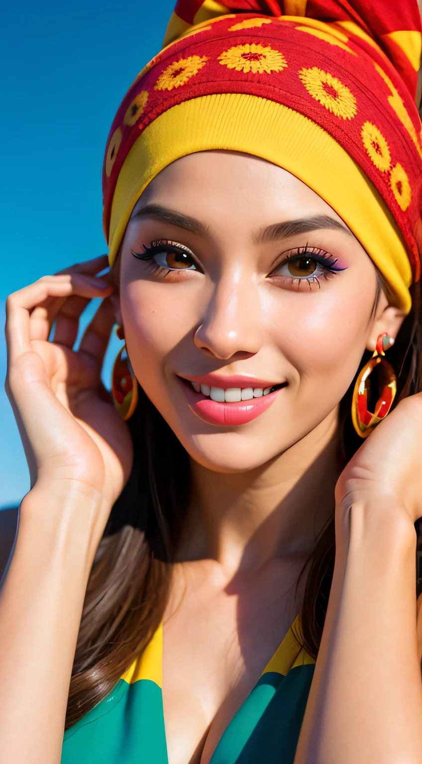 Woman, sparkling eyes, lively expression, colorful headwrap, dynamic patterns, stylish earrings, warm smile, makeup highlighting features, cultural pride, feminine vibrancy, detailed fashion, engaging presence, portrait artistry, bold and beautiful focus. Healthy curvy latina female model